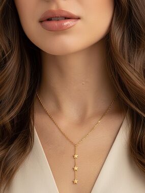18k Gold Plated Y Lariat 3 Star Necklace. New.